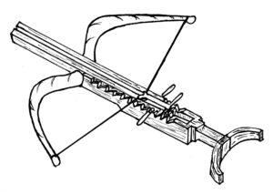 Disegno di un gastrafete greco, con arco e guida per il dardo.