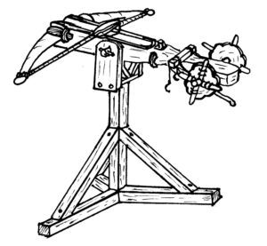 Disegno di una balista a tensione su un supporto in legno.
