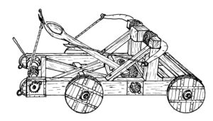 Disegno di una pietriera a torsione e tensione su un telaio con ruote.