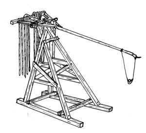 Disegno di un mangano con braccio di lancio, fionda e corde di trazione.