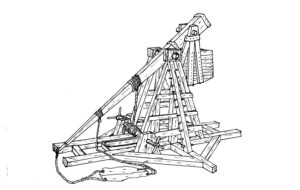 Disegno di un trabucco con contrappeso mobile e lunga fionda.