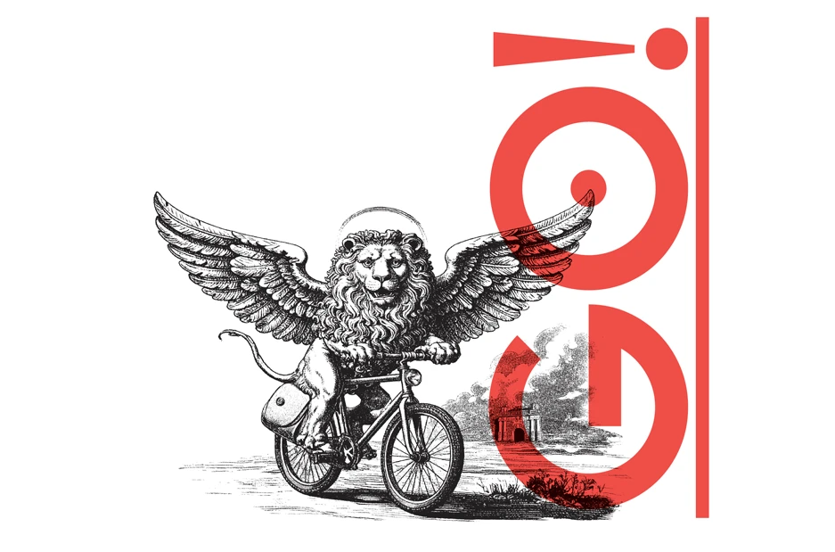Immagine che rappresenta il segno presente durante tutto il percorso. L'immagine rappresenta un leone alato seduto su una bicicletta un bianco e nero, in sobraimpressione si vede in verticale la scritta GO! in colore roso