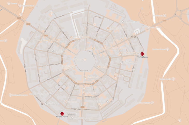 Mappa grafica con le due referenze della possizione delle due polveriere Napoloniche di Palmanova